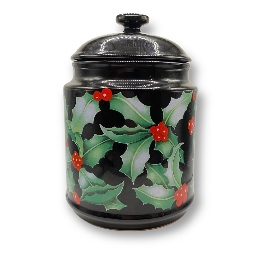 Vintage Cookie Jar Canister Dunoon Stoneware Christmas Holiday Holly Japan